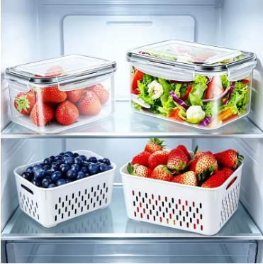 Gray 4-piece airtight food storage container set with removable drain baskets