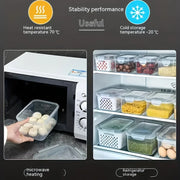 Food storage containers shown for microwave heating and refrigerator storage