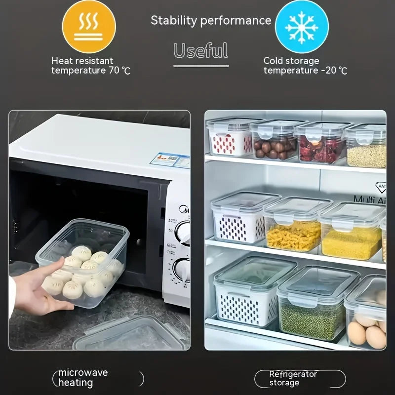 Food storage containers shown for microwave heating and refrigerator storage