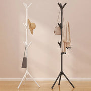Black and white coat racks holding hats, bags, and clothing