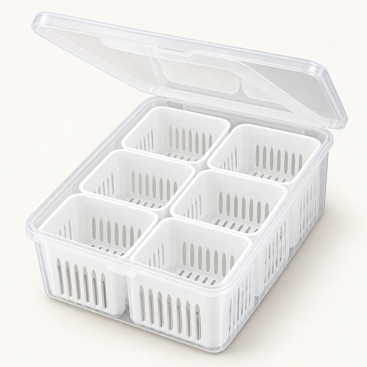 Ventilated Refrigerator Produce Box on a warm off-white background with a soft natural shadow.