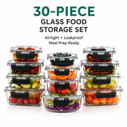 A 30-piece glass food storage set with clear lids and black silicone seals, shown stacked in three columns on a white