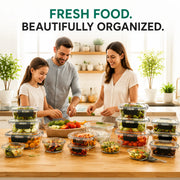 A family of three preparing food together in a bright, modern kitchen, surrounded by multiple stacked glass storage