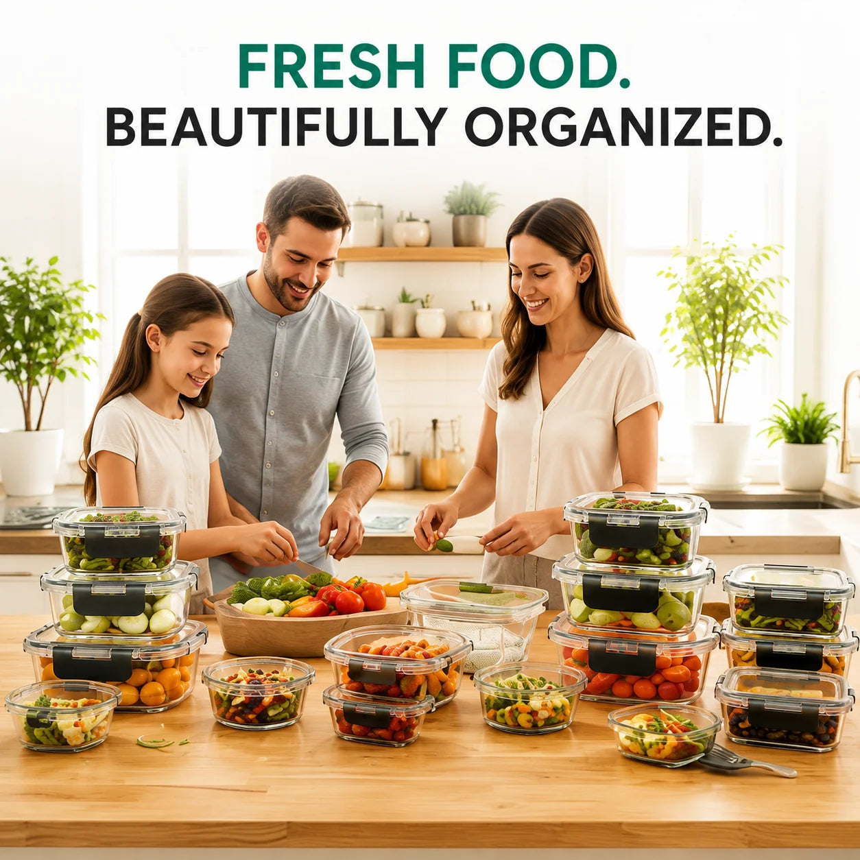 A family of three preparing food together in a bright, modern kitchen, surrounded by multiple stacked glass storage