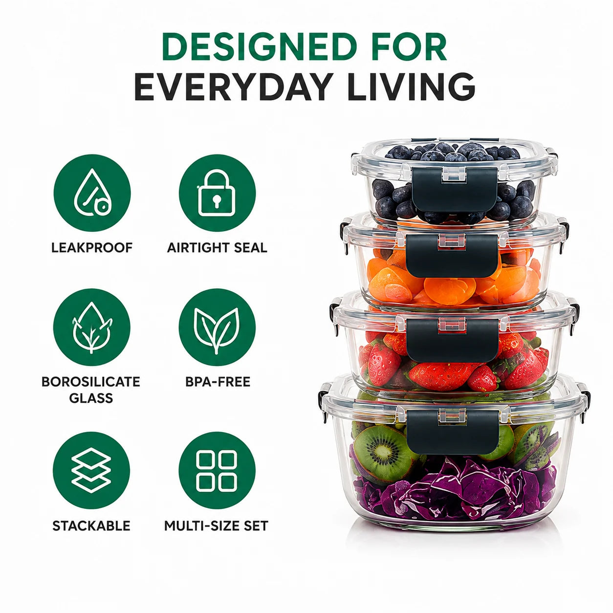 A set of six stacked clear glass food storage containers with black lids, shown filled with fruits and vegetables on a white