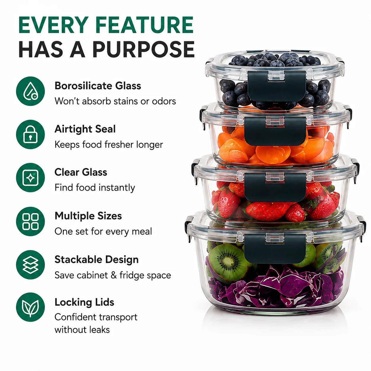 A set of four nested borosilicate glass storage containers with dark green lids, shown filled with fruit and vegetables on