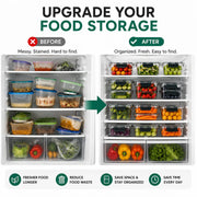 Before-and-after comparison graphic for food storage containers inside a refrigerator