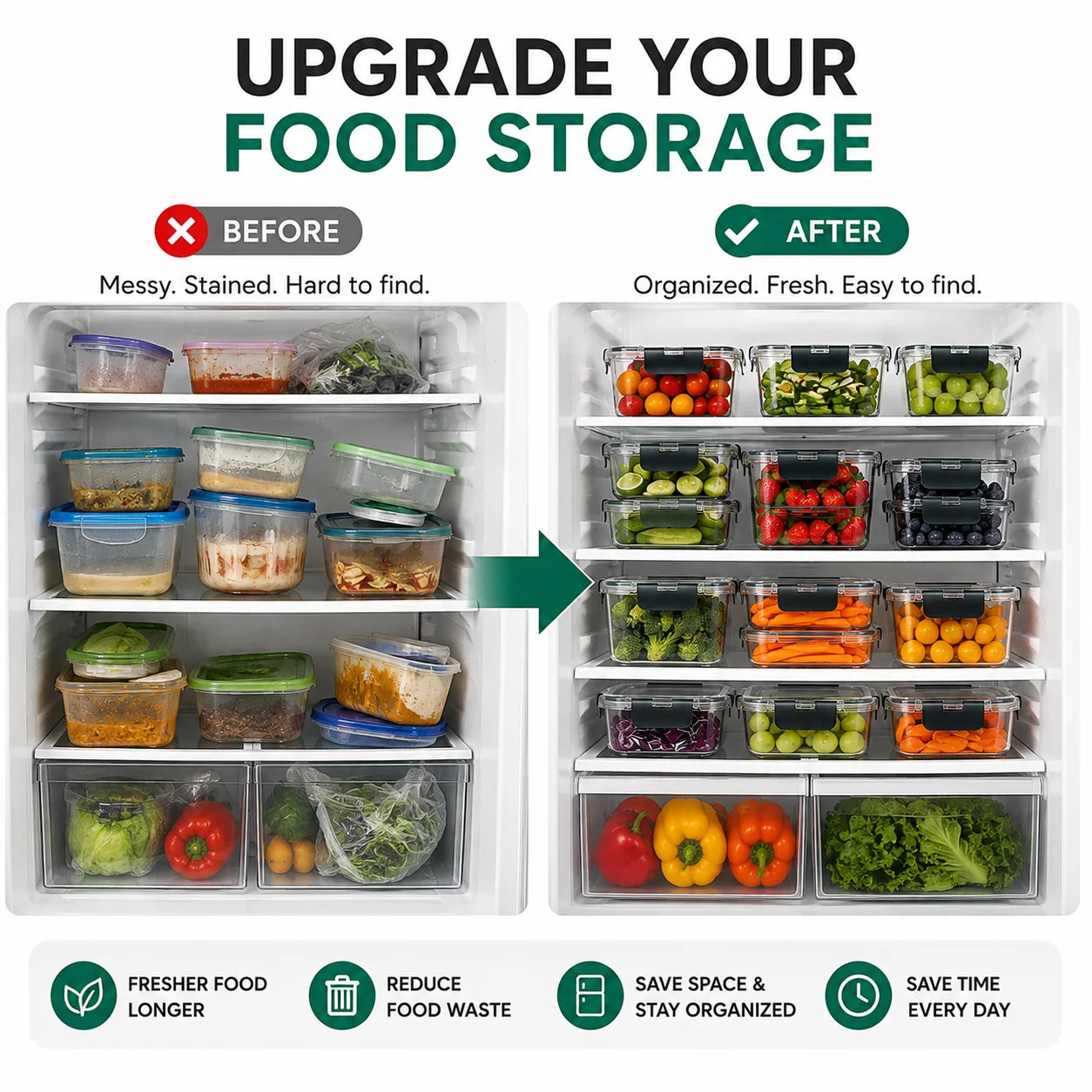 Before-and-after comparison graphic for food storage containers inside a refrigerator