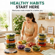 A woman in a beige sports bra stands at a kitchen counter preparing fresh salad, surrounded by clear glass meal prep