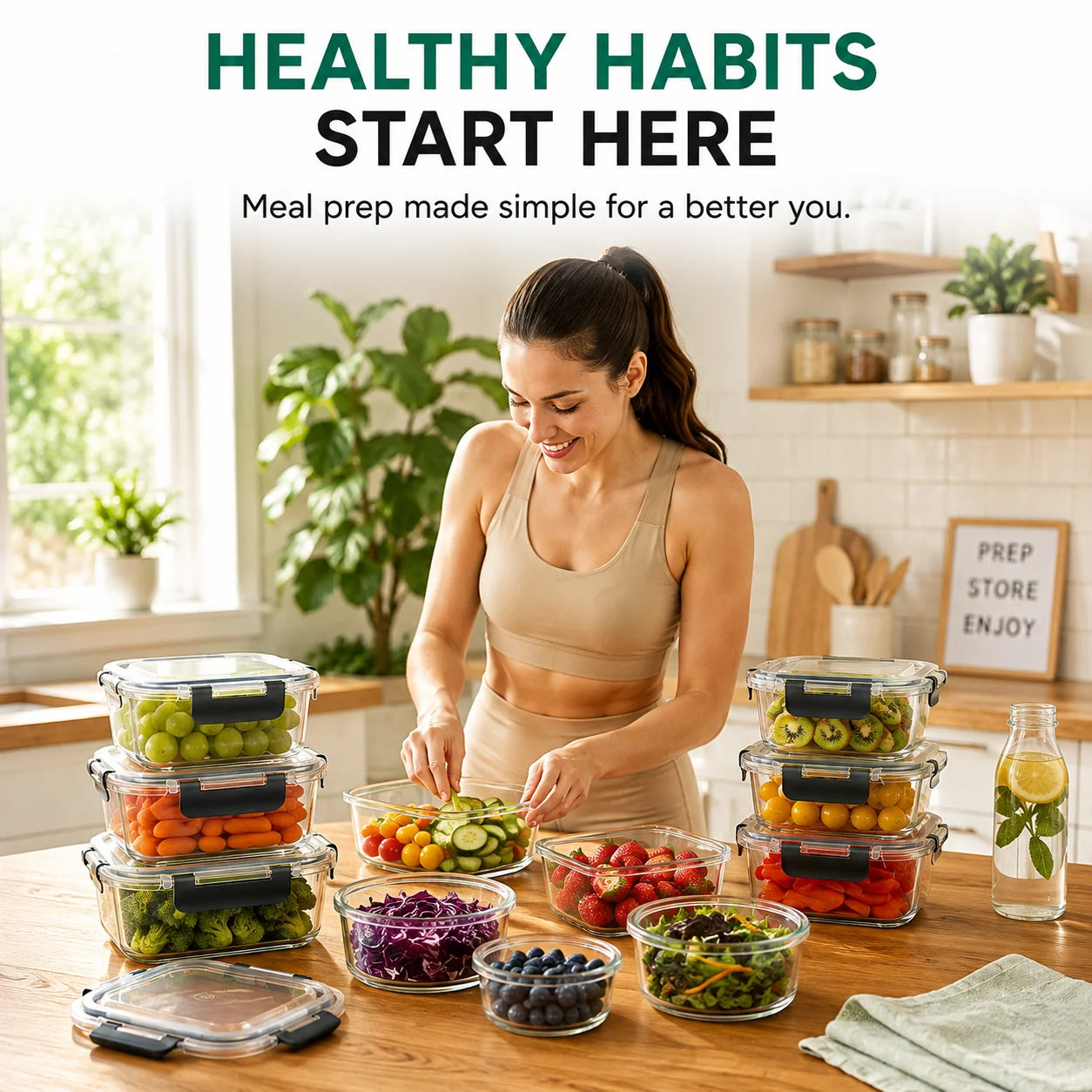 A woman in a beige sports bra stands at a kitchen counter preparing fresh salad, surrounded by clear glass meal prep