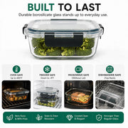 Clear borosilicate glass food storage container with a clear lid and black latch, shown on a white background with