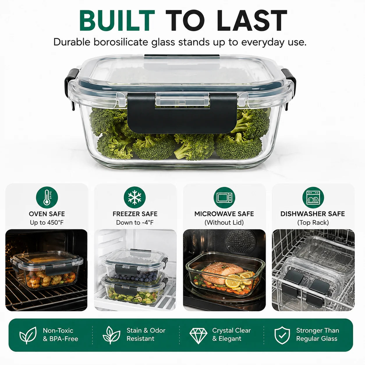 Clear borosilicate glass food storage container with a clear lid and black latch, shown on a white background with