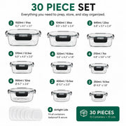 A 30-piece glass storage container set displayed on a white background with size labels and lid counts