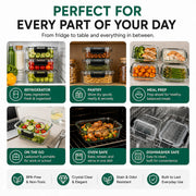 An infographic showing multiple use cases for clear glass meal prep containers with black lids, including refrigerator