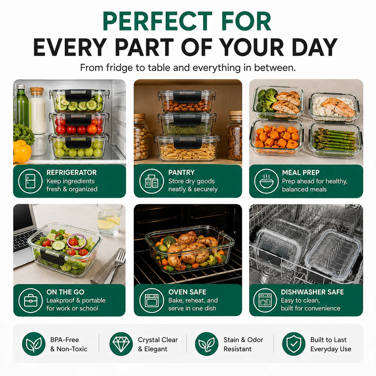 An infographic showing multiple use cases for clear glass meal prep containers with black lids, including refrigerator