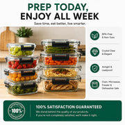 A promotional graphic for a set of clear glass food storage containers with black lids