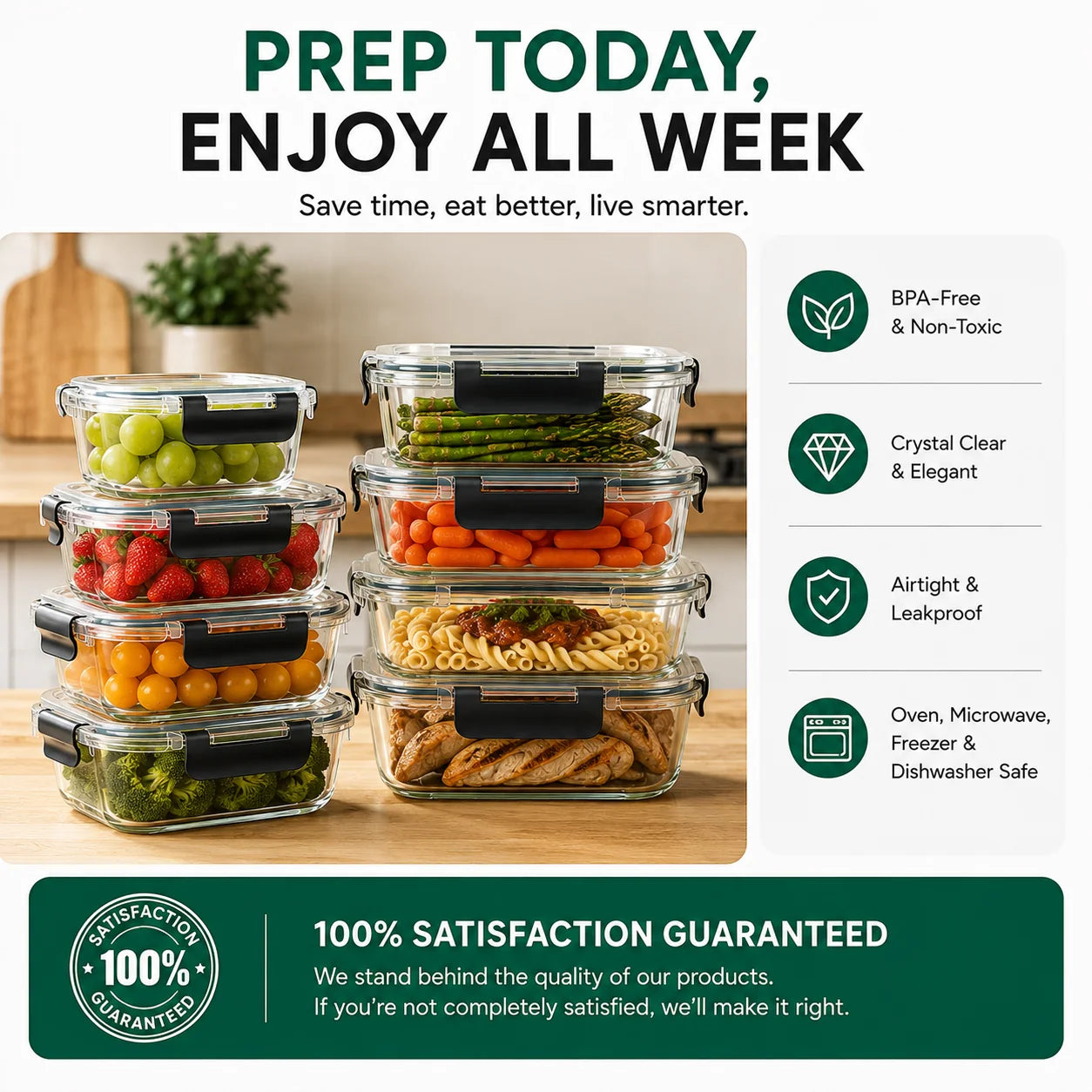 A promotional graphic for a set of clear glass food storage containers with black lids