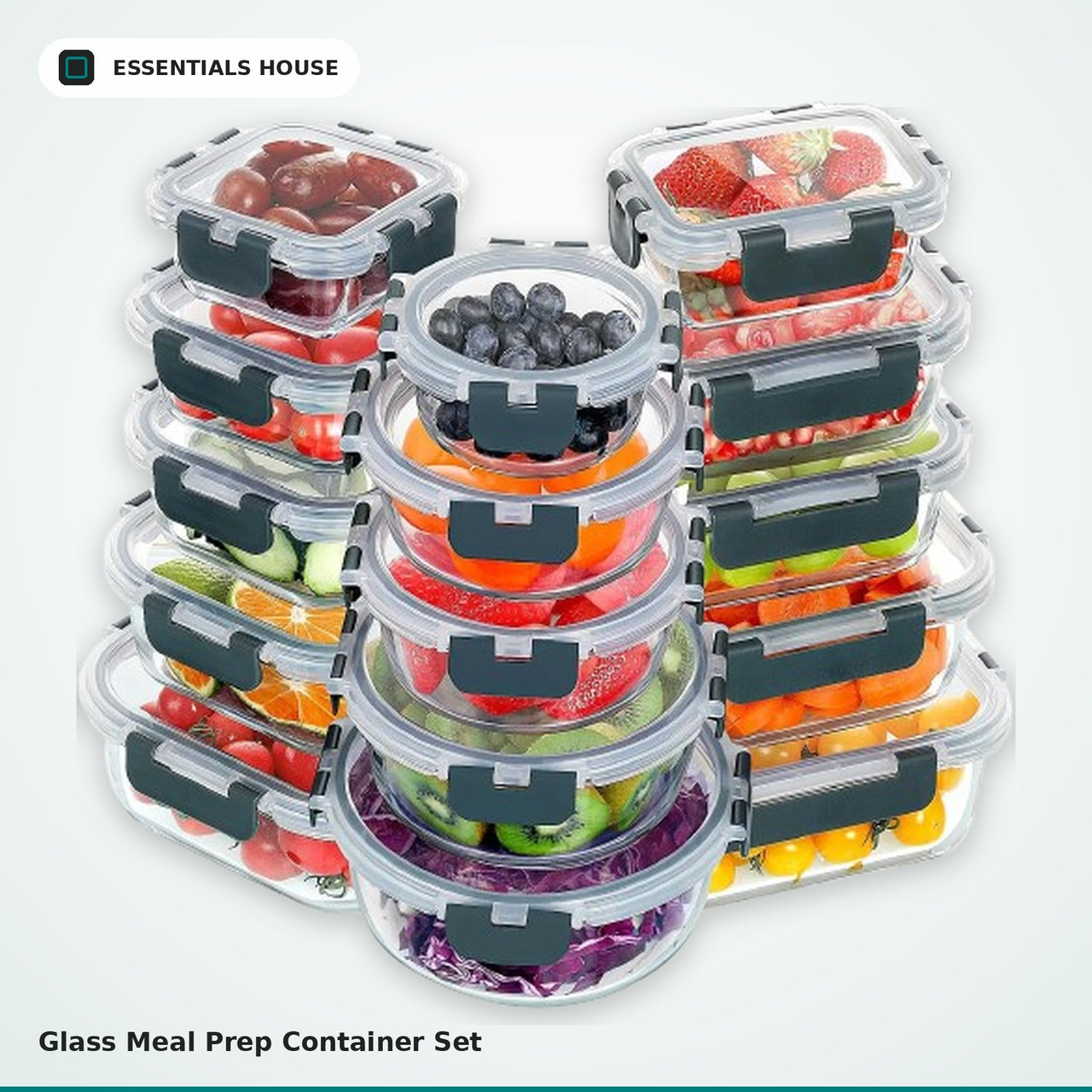 30-piece glass meal prep container set with airtight locking lids in multiple sizes, filled with fresh fruits and vegetables