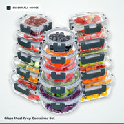 30-piece glass meal prep container set with airtight locking lids in multiple sizes, filled with fresh fruits and vegetables