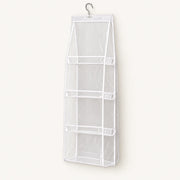 White hanging handbag organizer with four clear compartments