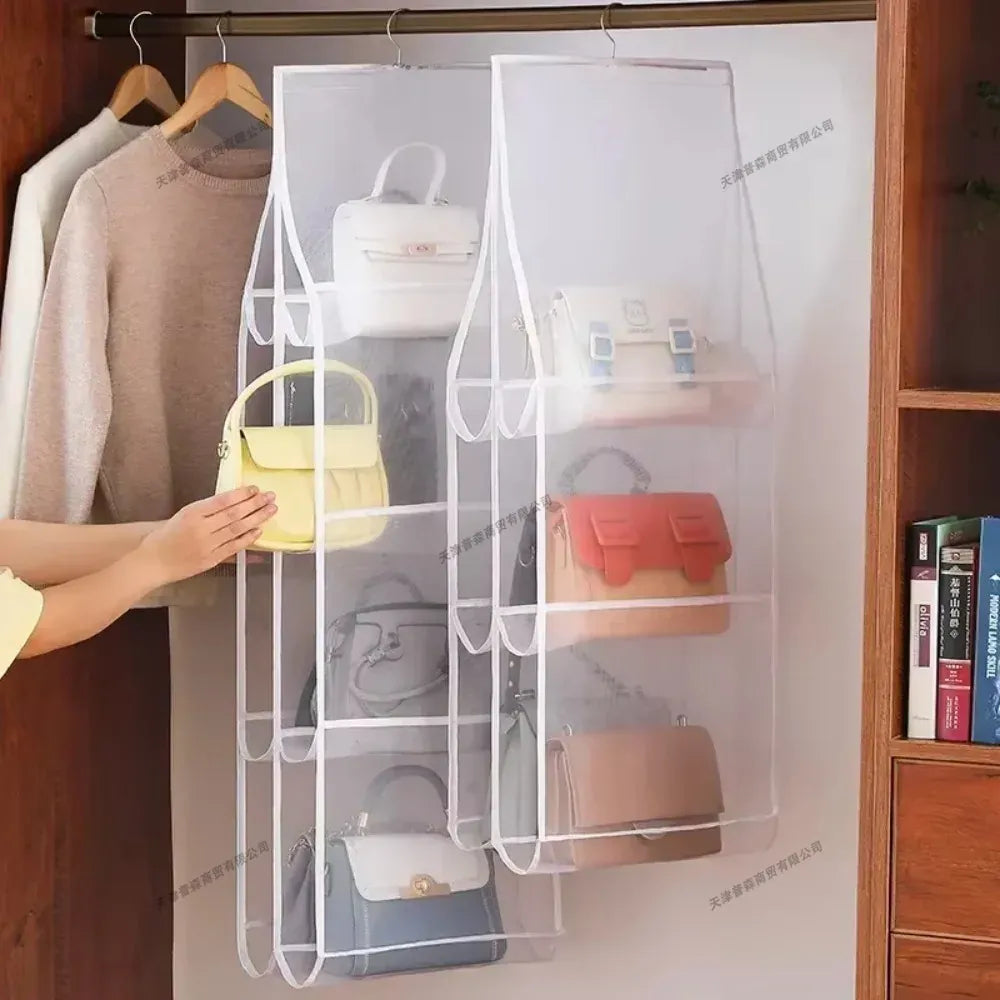 Four-compartment clear organizer hanging in a closet