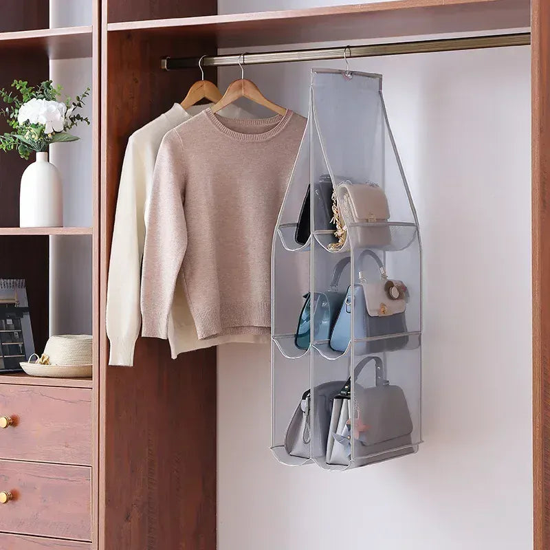 Alternate view of hanging handbag organizer with clear compartments