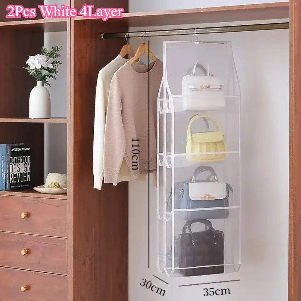 Alternate view of hanging handbag organizer with clear compartments