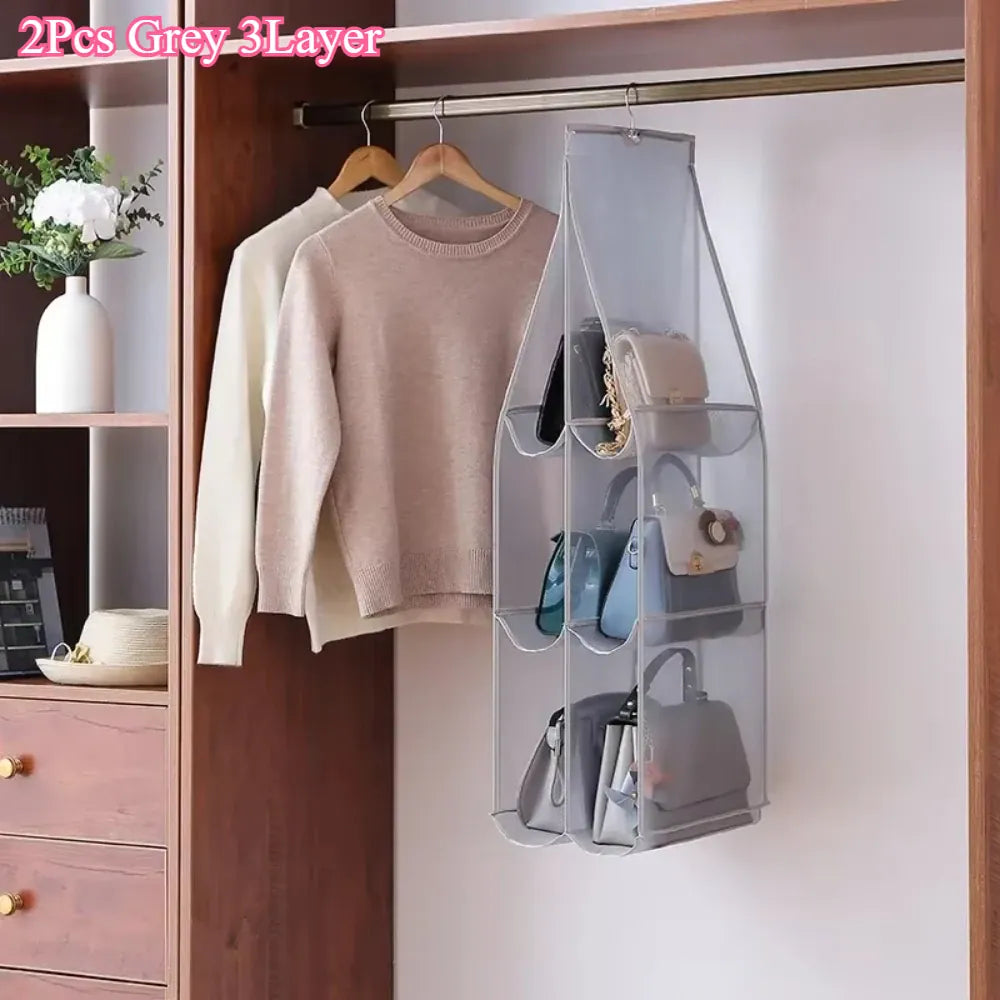 Alternate view of hanging handbag organizer with clear compartments
