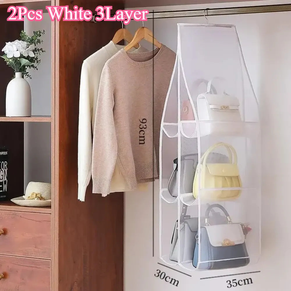 Alternate view of hanging handbag organizer with clear compartments