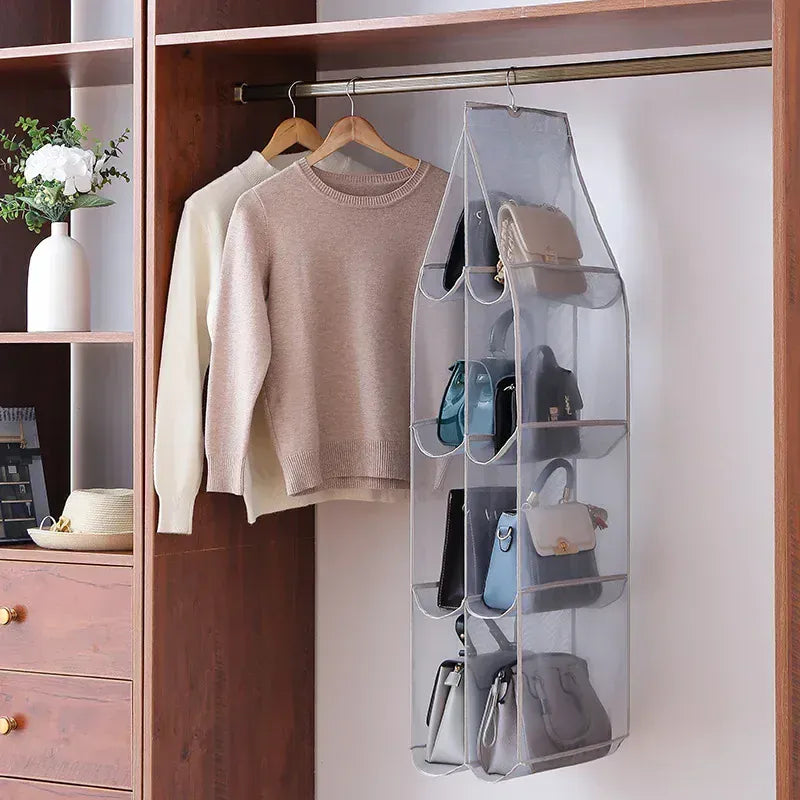 Alternate view of hanging handbag organizer with clear compartments
