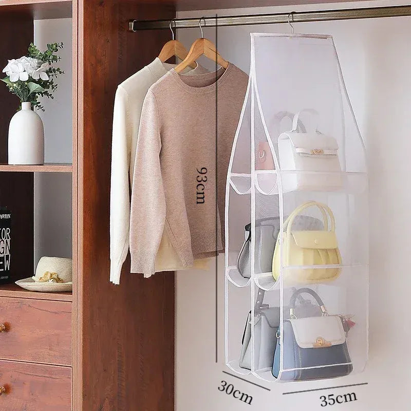 Alternate view of hanging handbag organizer with clear compartments