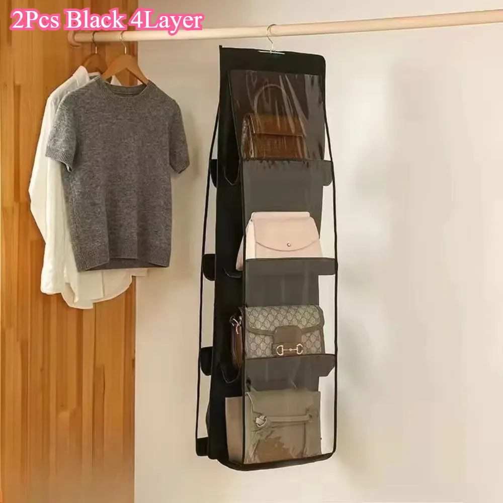 Alternate view of hanging handbag organizer with clear compartments