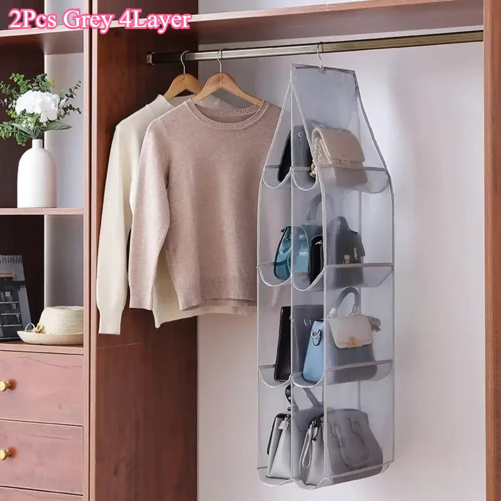 Alternate view of hanging handbag organizer with clear compartments