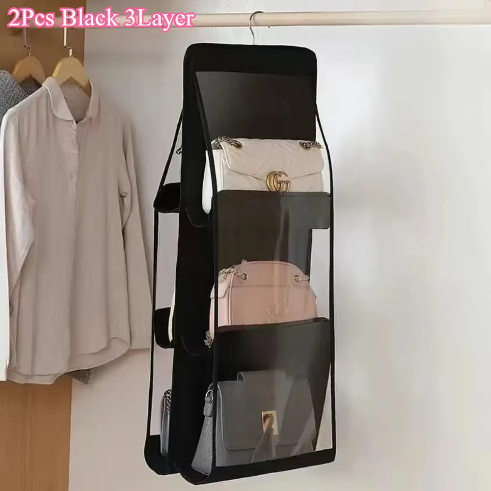 Alternate view of hanging handbag organizer with clear compartments