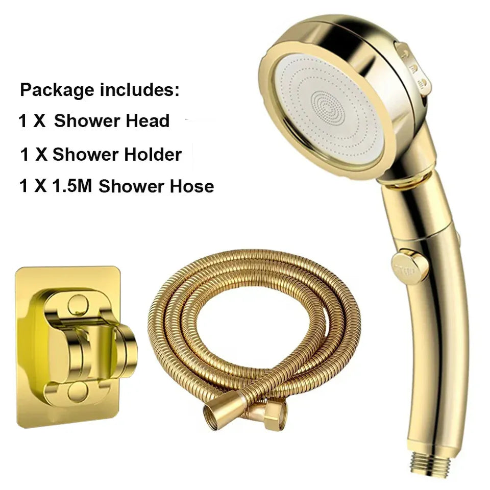 Essentials House High Pressure Shower Head Set With Hose and Holder Gold 3 Modes Large Flow Rainfall Handheld Shower Faucet