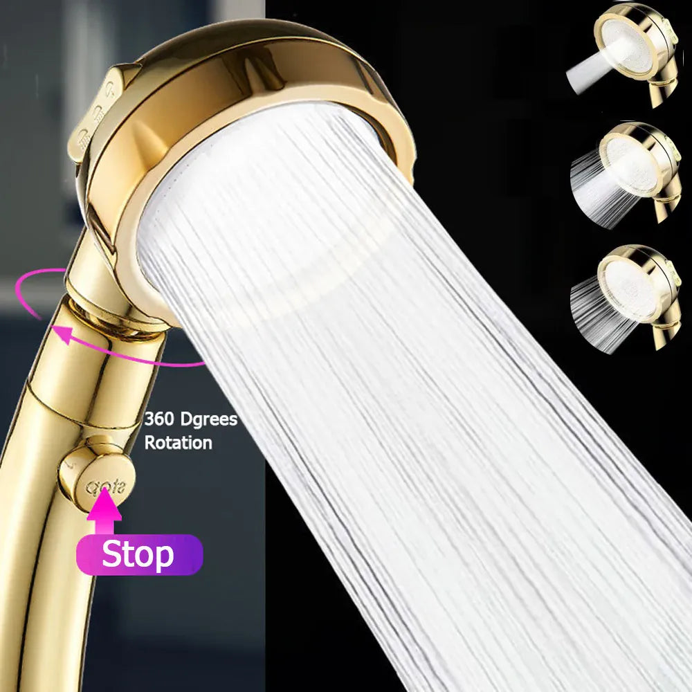Essentials House High Pressure Shower Head Set With Hose and Holder Gold 3 Modes Large Flow Rainfall Handheld Shower Faucet