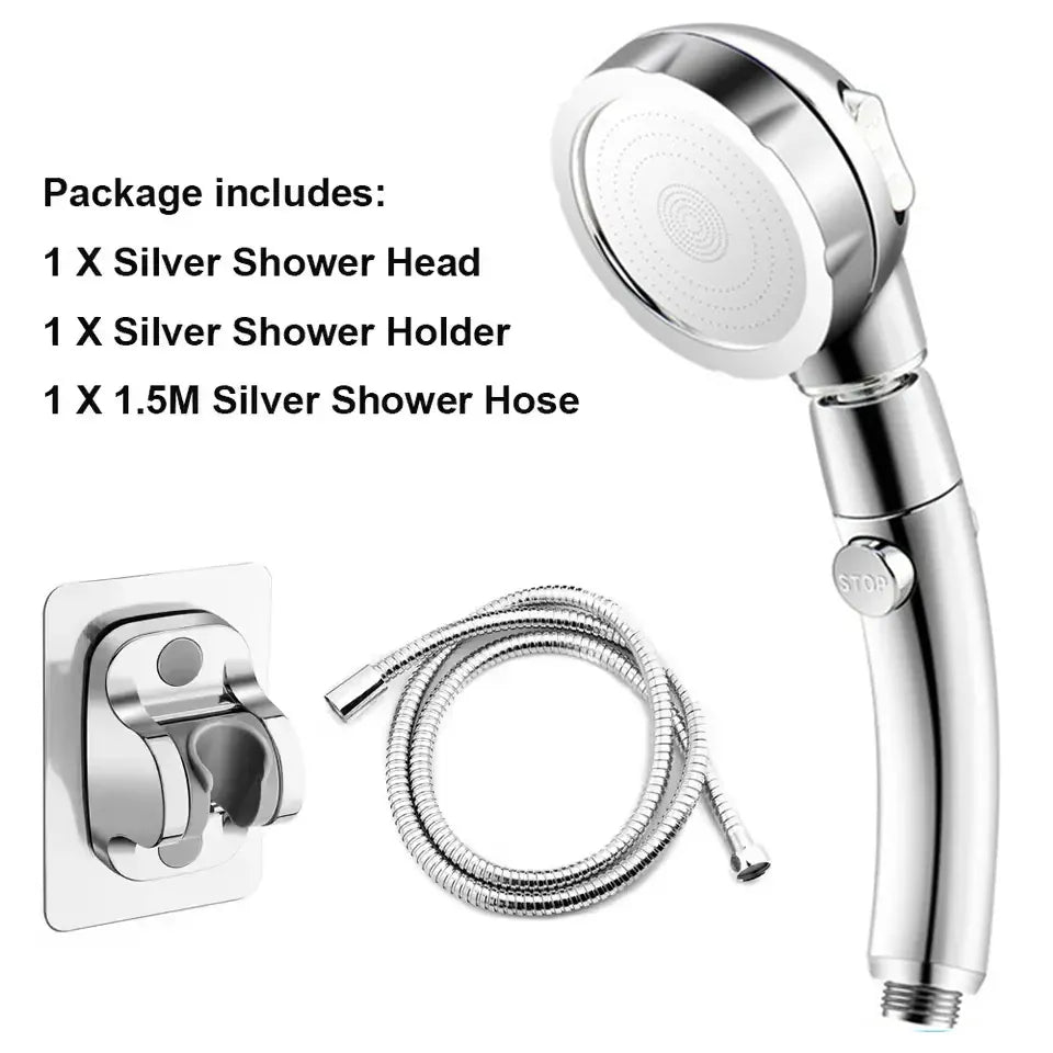 Essentials House Silver Set High Pressure Shower Head Set With Hose and Holder Gold 3 Modes Large Flow Rainfall Handheld