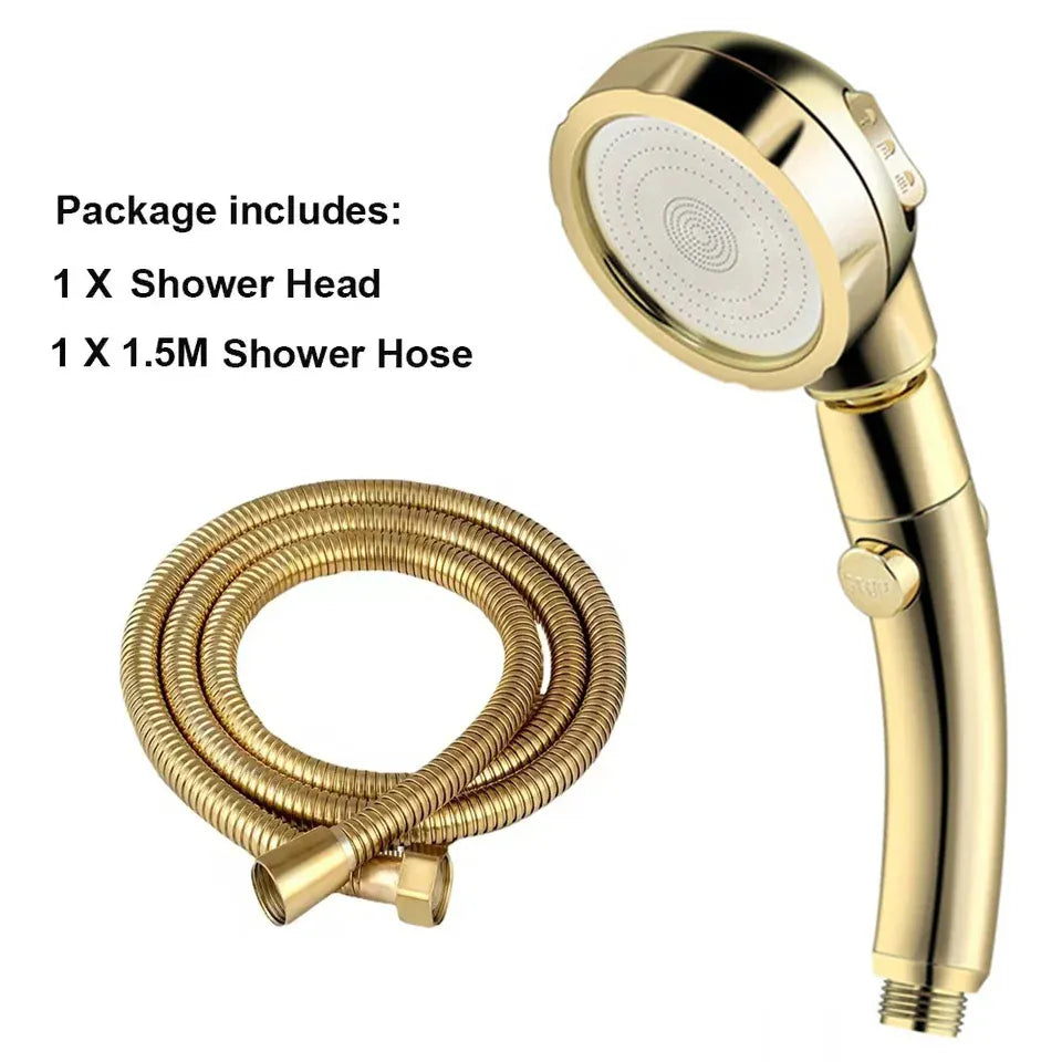 Essentials House Gold and hose High Pressure Shower Head Set With Hose and Holder Gold 3 Modes Large Flow Rainfall Handheld