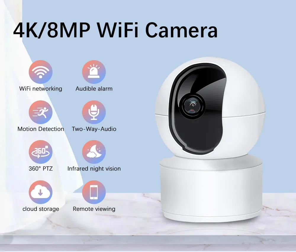 White indoor WiFi PTZ security camera on a rotating base