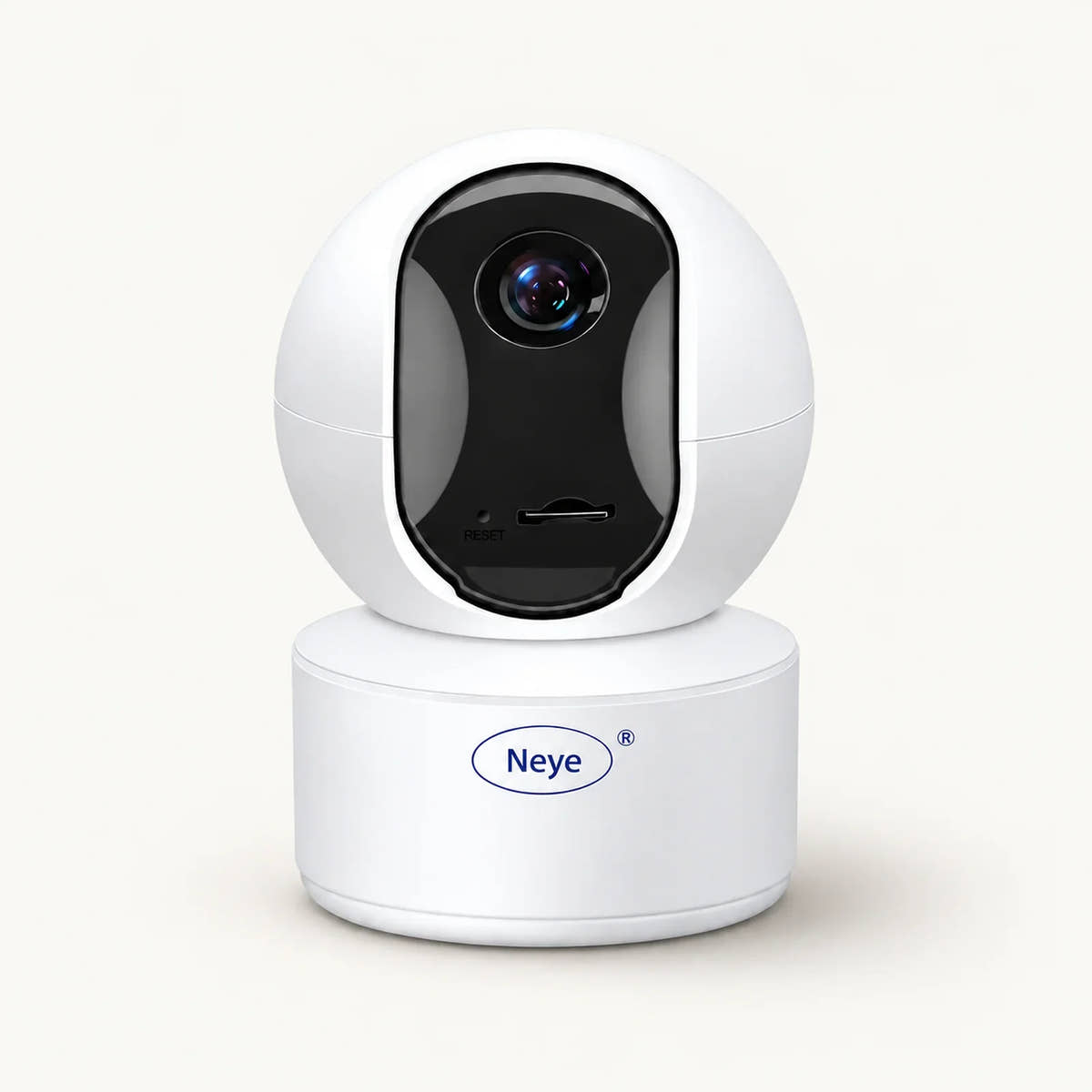 White Neye indoor security camera with black lens panel and cylindrical base on a warm off-white background.
