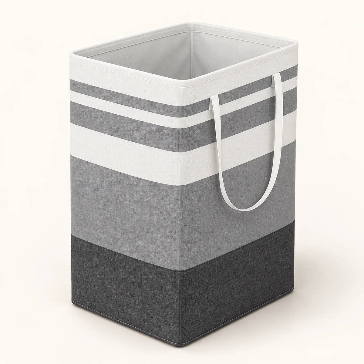 Tall grey and white striped hamper with long handles