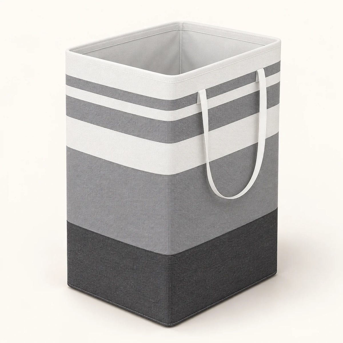 Tall grey and white striped hamper with long handles