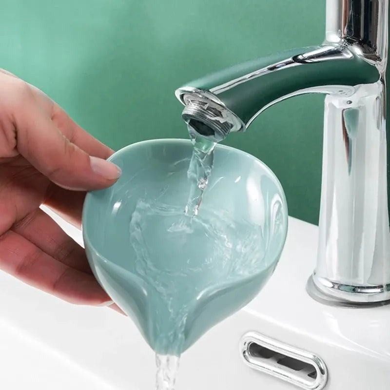 Leaf soap dish draining water beside a sink faucet