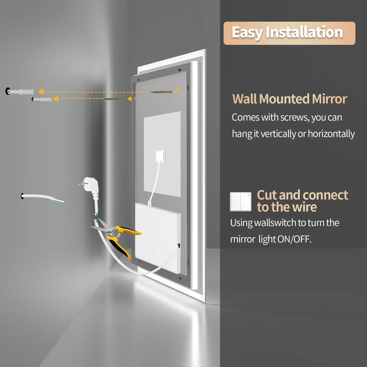 Essentials House LED Backlit Mirror Bathroom Vanity with Lights,Anti-Fog,Dimmable,CRI90+,Touch Button,Water