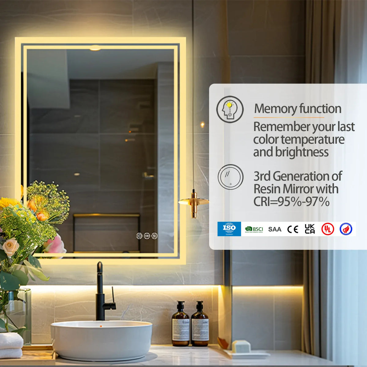 Essentials House LED Backlit Mirror Bathroom Vanity with Lights,Anti-Fog,Dimmable,CRI90+,Touch Button,Water