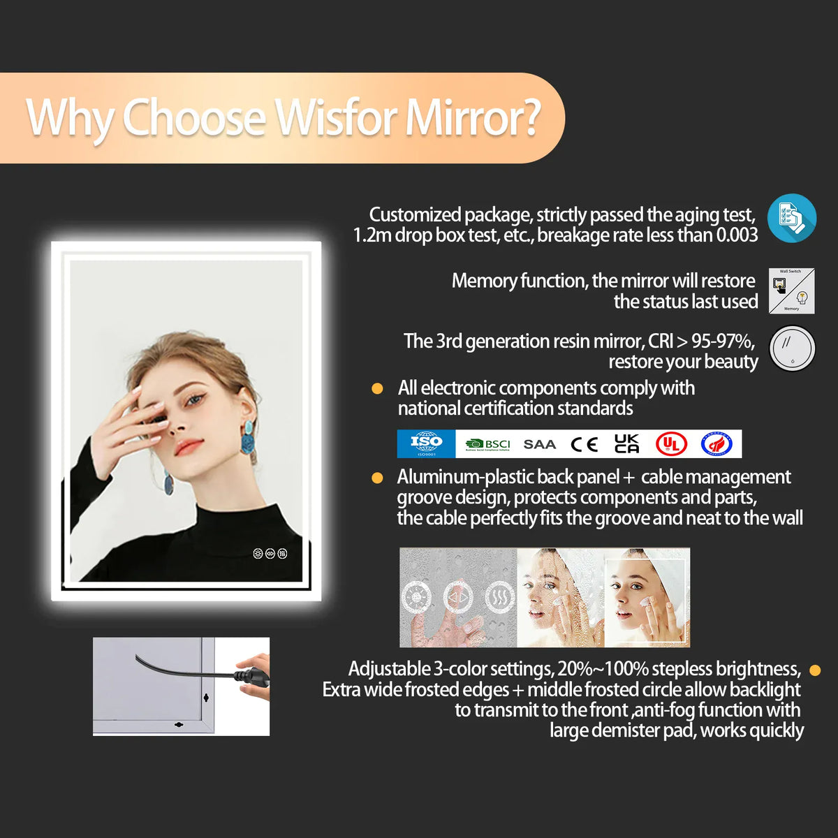 Essentials House LED Backlit Mirror Bathroom Vanity with Lights,Anti-Fog,Dimmable,CRI90+,Touch Button,Water