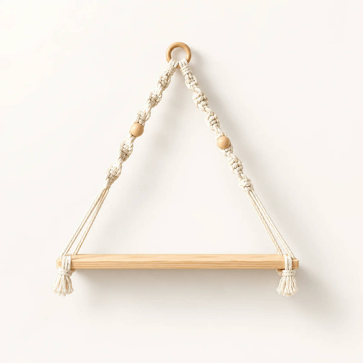 Wooden hanging shelf with braided macrame ropes