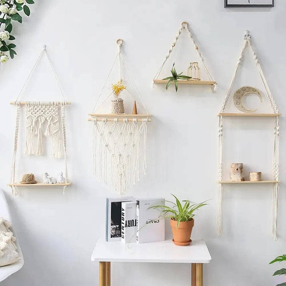 Five macrame wall shelf styles displayed with plants and decor