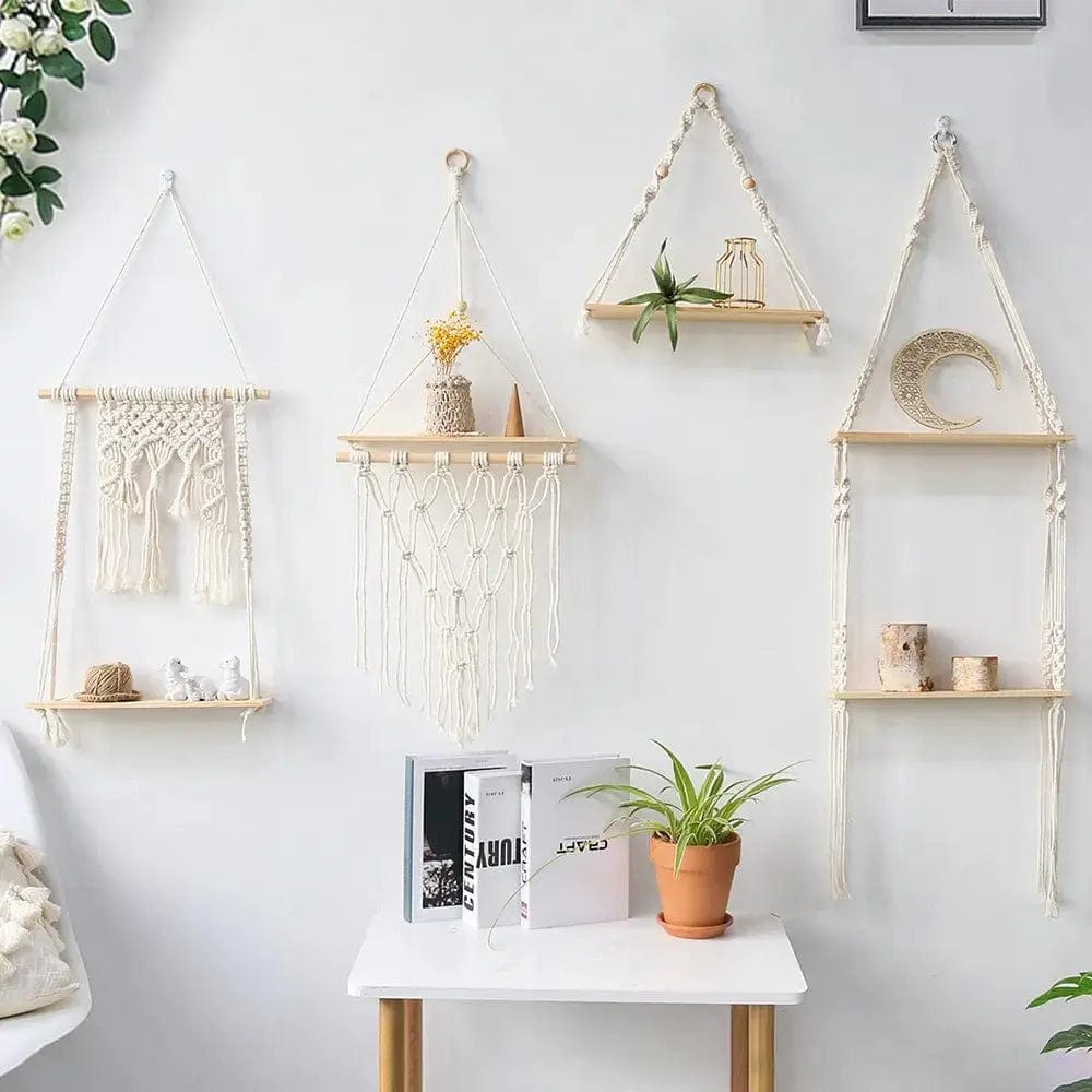 Five macrame wall shelf styles displayed with plants and decor