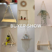 Macrame wall hanging shelf in natural cotton rope with a wooden shelf